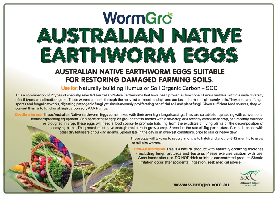 The Australian Native Earthworm Eggs pack label with spreading instructions