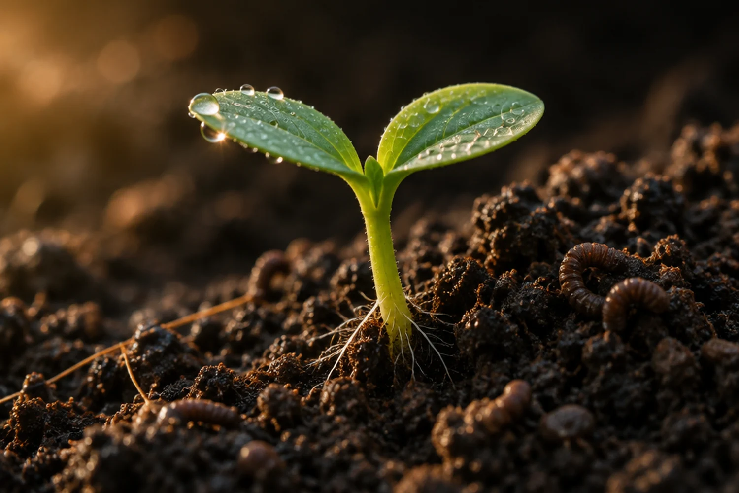 A seedling pushing through dark living soil, worms visible in the castings around it